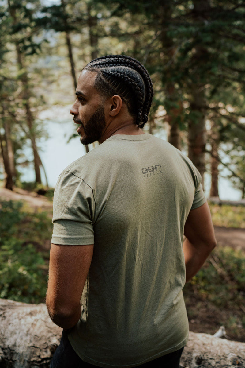 bold and free flag circle logo tee olive back our rescue
