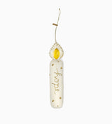 Decorative hanging ornament with 'holy' text and yellow accent on a white background