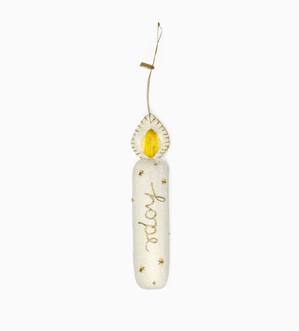 Decorative hanging ornament with 'holy' text and yellow accent on a white background