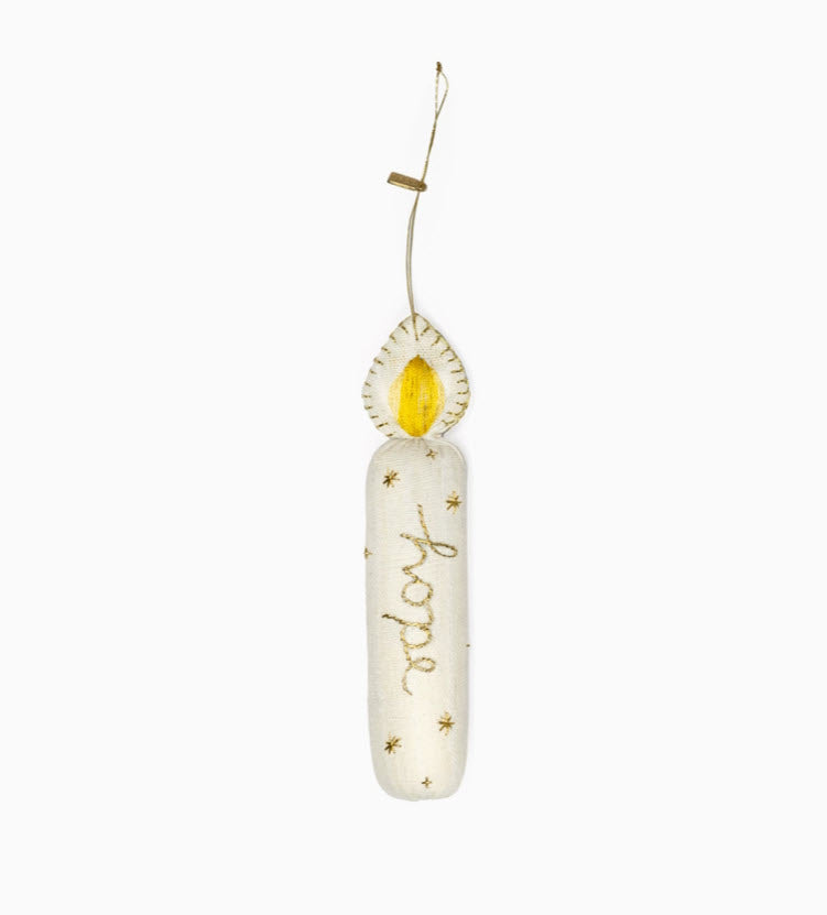 Decorative hanging ornament with 'holy' text and yellow accent on a white background