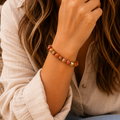 Close-up of a person wearing a orange beaded bracelet on a blurred background