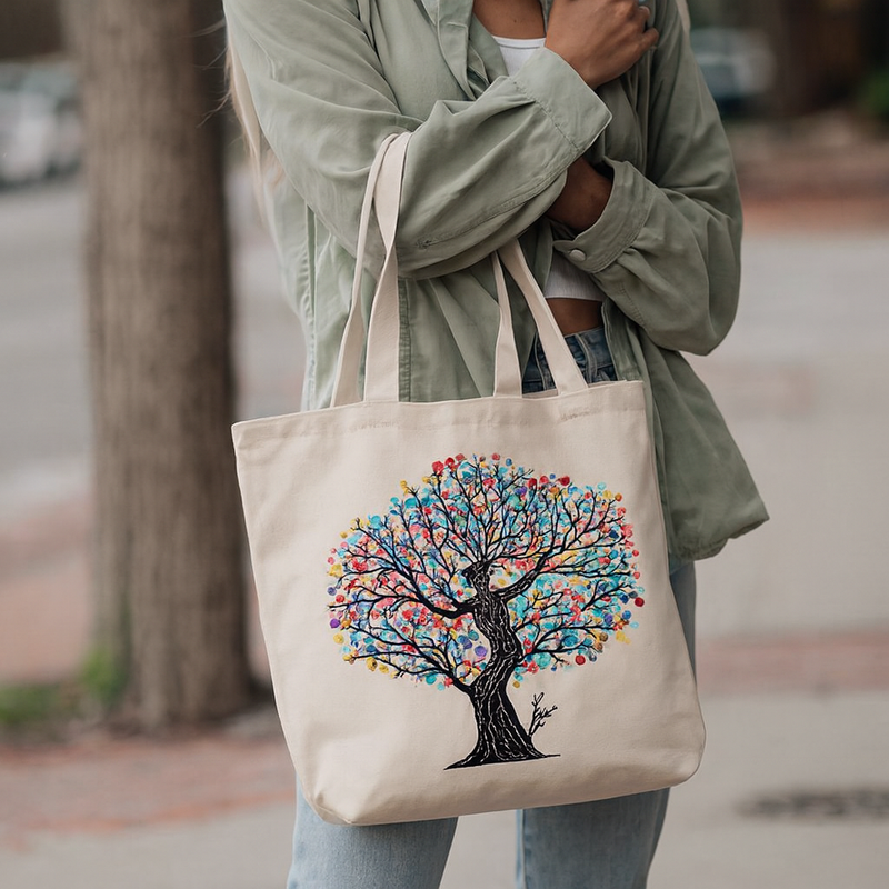 Person holding a tote bag with a colorful tree design outdoors.
