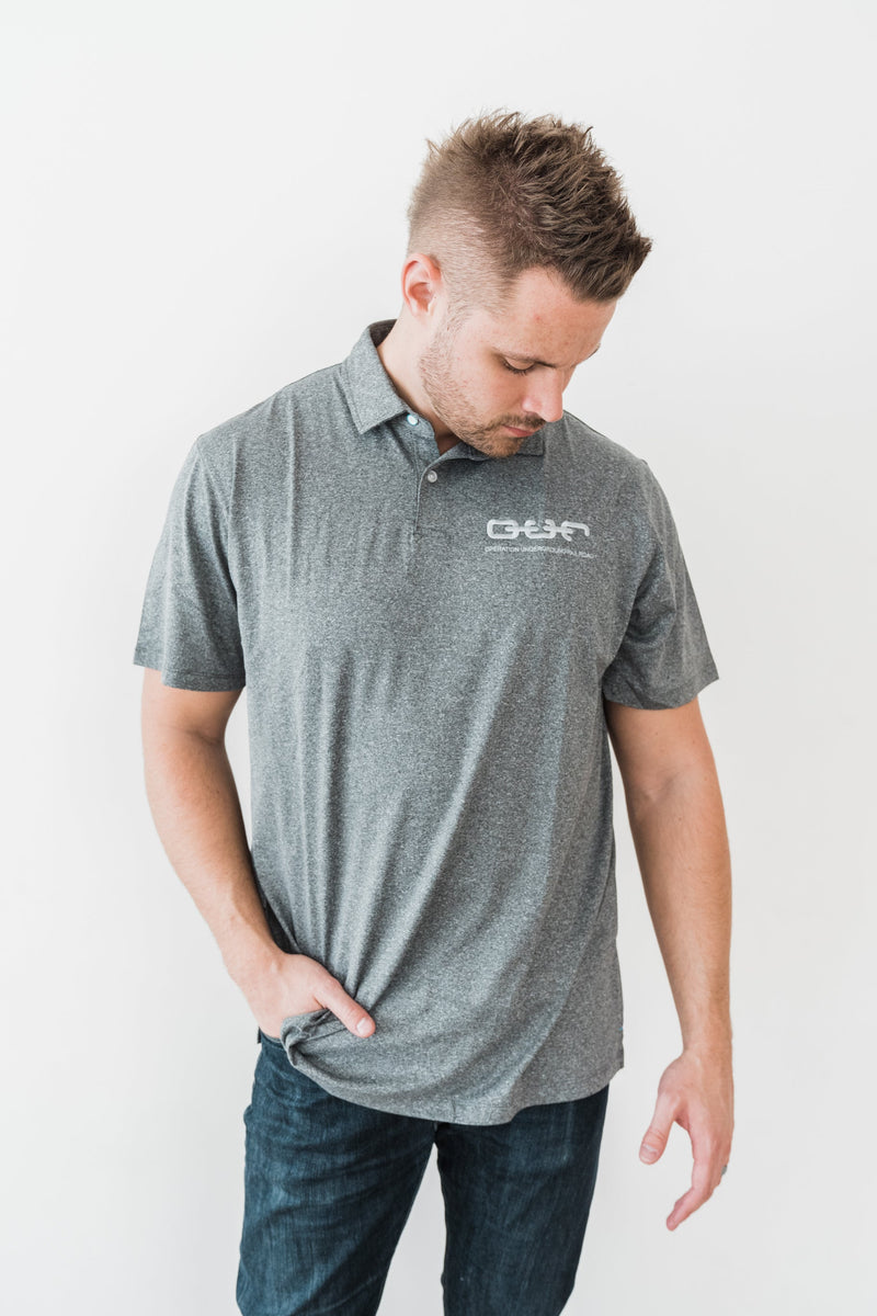 grey embroidered polo our logo mens