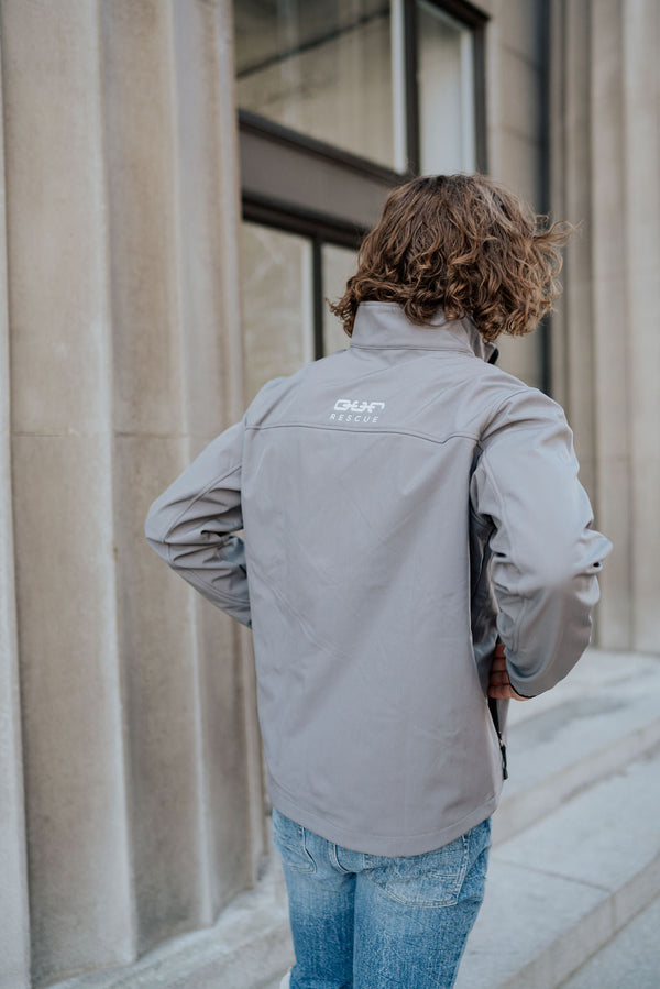 male model grey softshell jacket back