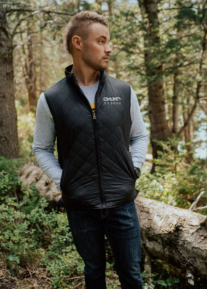 black diamond quilted vest o.u.r rescue embroidered