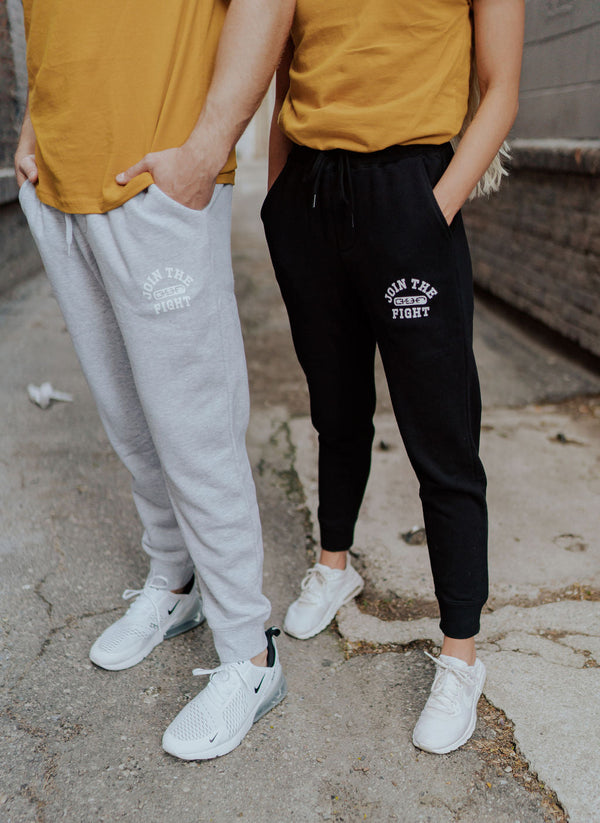 join the fight black and grey sweatpants