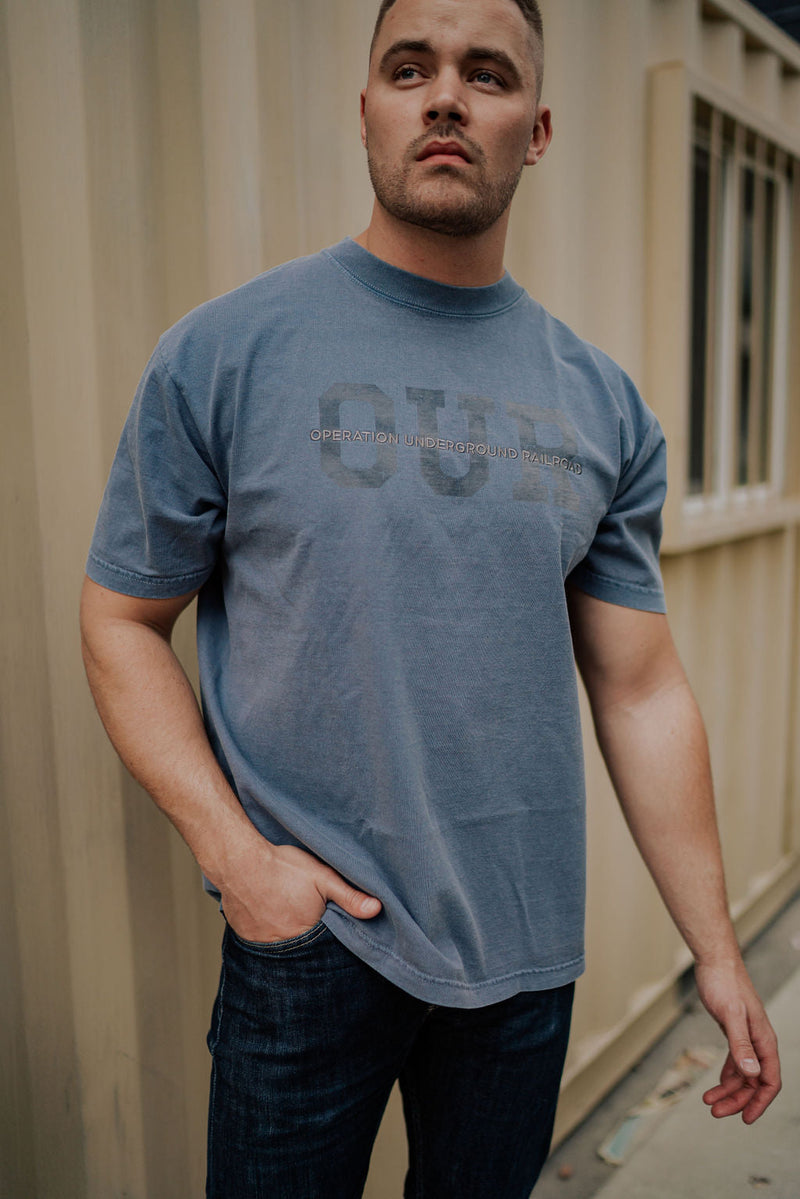 slate blue embroidered short sleeve tee heavy weight