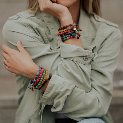 fabric covered beaded bracelets stacked