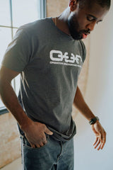 male model grey short sleeve tee shirt o.u.r logo large
