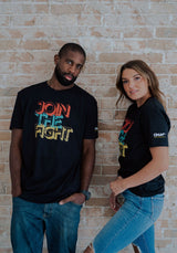 two models black crew neck tee join the fight o.u.r