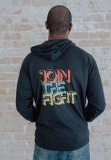 black hooded sweatshirt join the fight on the back o.u.r on the front