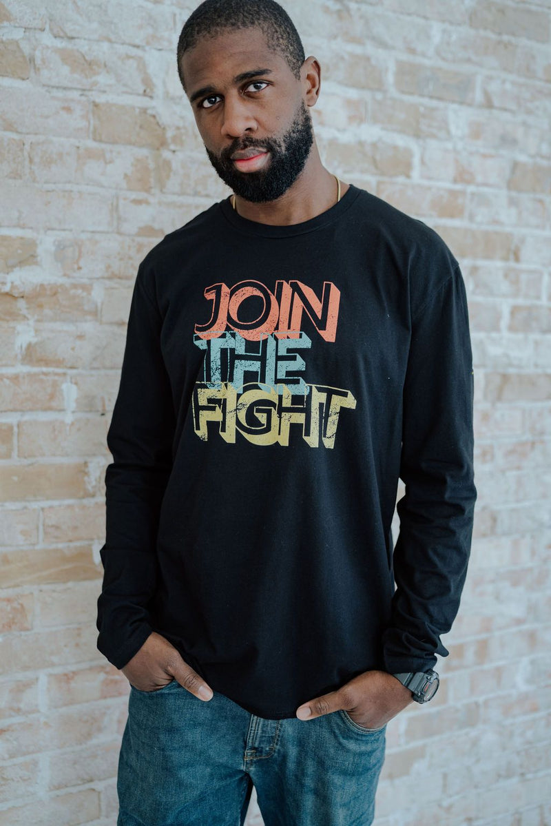 black crew neck long sleeve tee join the fight