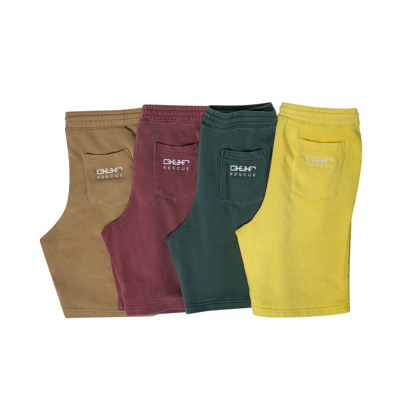 tan maroon green yellow pigment dyed shorts embroidered our rescue