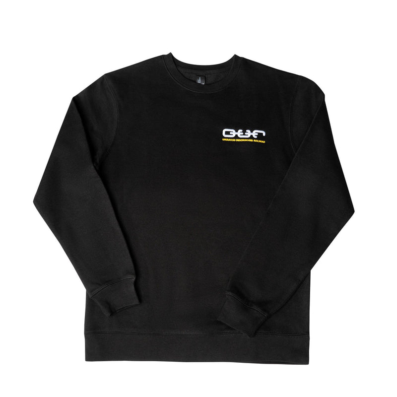 black crew neck sweatshirt o.u.r logo flatlay