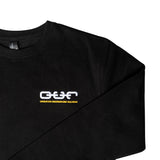 black crew neck sweatshirt o.u.r logo flatlay close up