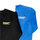 black blue crew neck sweatshirt o.u.r logo flatlay close up