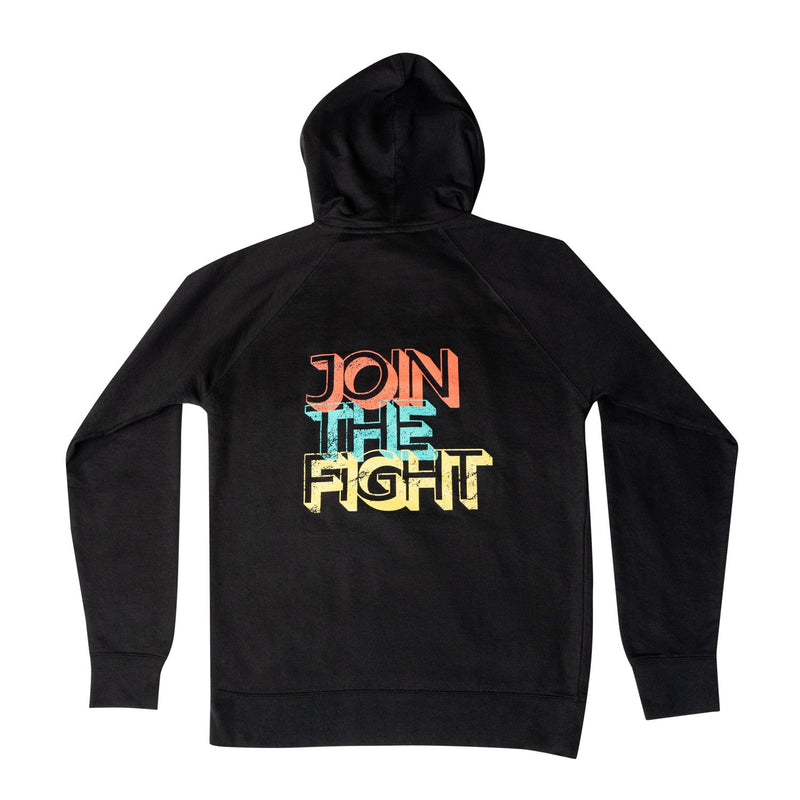 black hooded sweatshirt join the fight on the back 