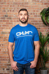 male model blue short sleeve tee shirt o.u.r logo large
