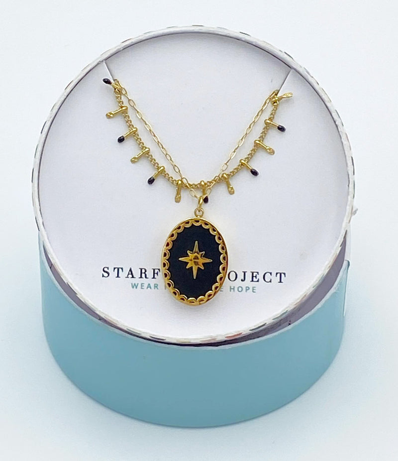 black pendant layered beaded necklace